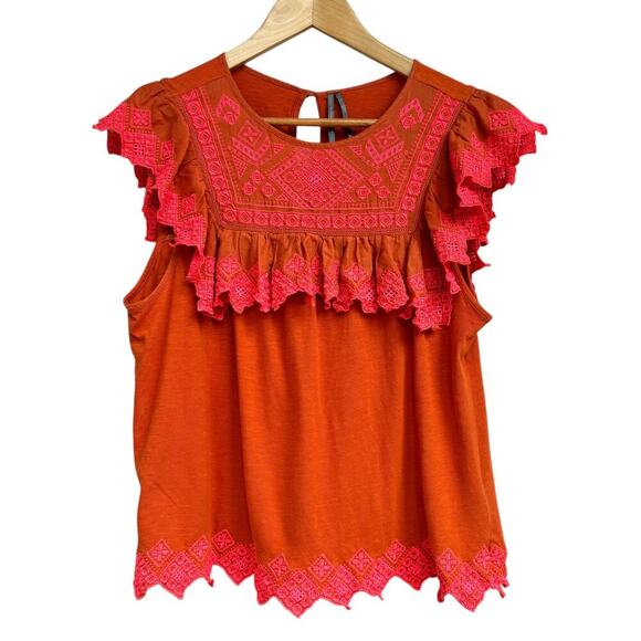 Anthropologie Rica Embroidered Top Size M Sleeveless Ruffled Cotton Easy Comfy - Picture 1 of 9
